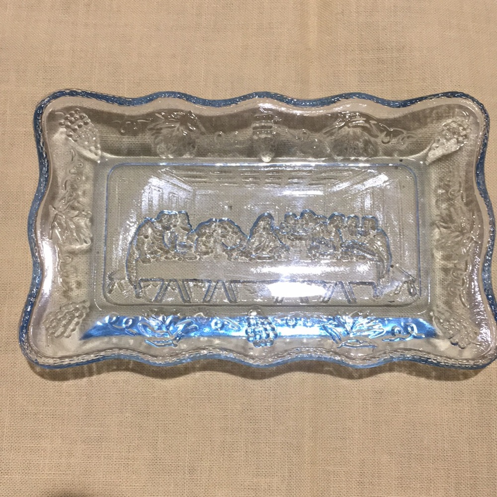 Last supper trinket tray, vintage light blue cut glass